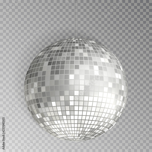 Glitter disco ball vector. Silver mirrorball isolated. Discoball shine light effect. Night club deco