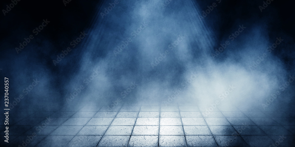 Background of empty room, street, neon light, smoke, fog, asphalt, paving tiles Background of empty room, street, neon light, smoke, fog, asphalt, paving tiles