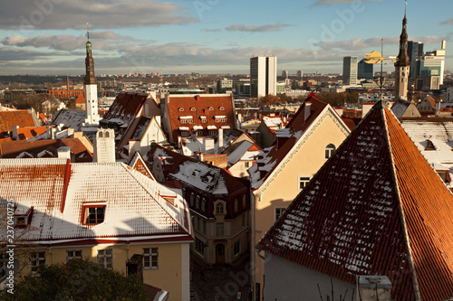 View of the old town of Tallinn in winter from above. Estonia