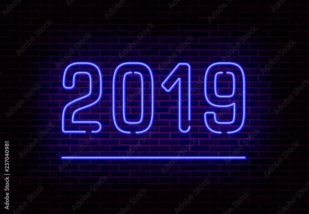 Happy 2019 New Year neon light vector. Retro transparent neon light effect isolated. Vector Illustra Happy 2019 New Year neon light vector. Retro transparent neon light effect isolated. Vector Illustra