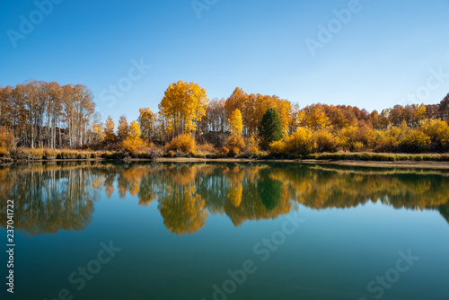 fall foliage reflected in calm water