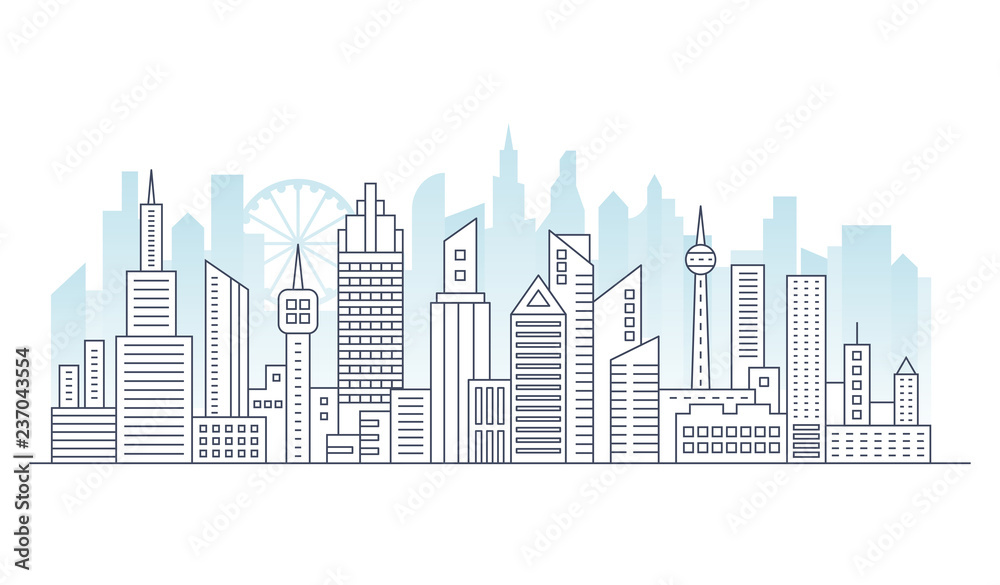 Line modern urban big city panorama with color building on background. Outline stroke cityscape skyscrapers vector illustration.