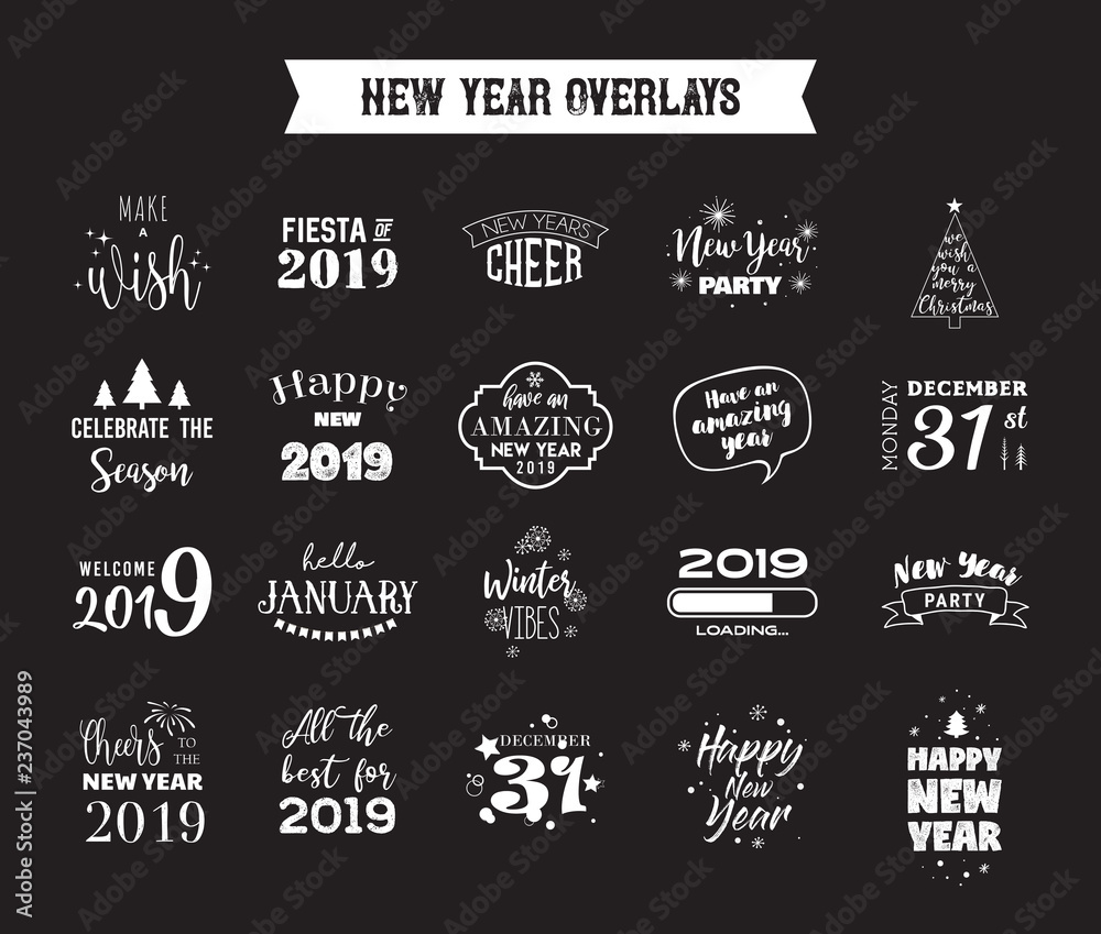 Happy New Year 2019 typographic emblems set. Vector logo, text design. Black, white and gold. Usable for banners, greeting cards, gifts etc.