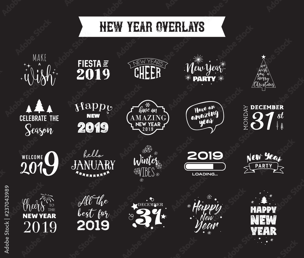 Happy New Year 2019 typographic emblems set. Vector logo, text design. Black, white and gold. Usable for banners, greeting cards, gifts etc. Happy New Year 2019 typographic emblems set. Vector logo, text design. Black, white and gold. Usable for banners, greeting cards, gifts etc.