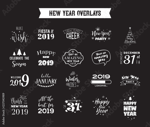 Happy New Year 2019 typographic emblems set. Vector logo, text design. Black, white and gold. Usable for banners, greeting cards, gifts etc.