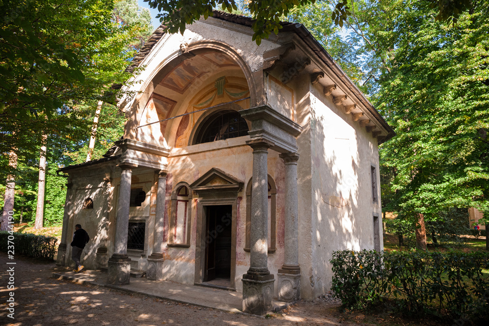 Panoramic view of the seventeenth-century baroque chapels, dedicated to the life of St. Francis of Assisi, in the park of the Orta sanctuary on Lake Orta in Piedmont, Italy.