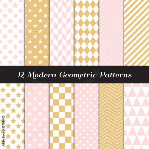 Gold, Blush Pink and White Geometric Seamless Vector Patterns. Subtle Feminine Pastel Color Backgrounds. Repeating Pattern Tile Swatches Included.