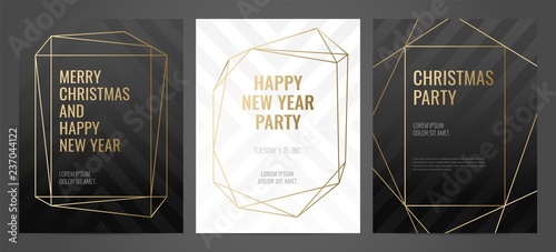 Luxury christmas party poster template with gold frame and black background. Invitation template. Geometric shape.