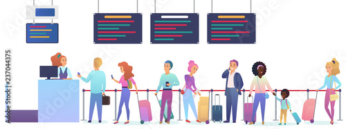 People with baggage waiting for airplane departure in airport. Man and woman standing in check-in flight registration queue vector illustration.