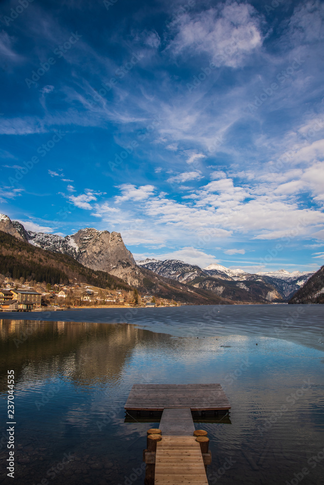 Clear Cold Landscape with blue sky at Grundlsee, Austria, winter, frozen lake.