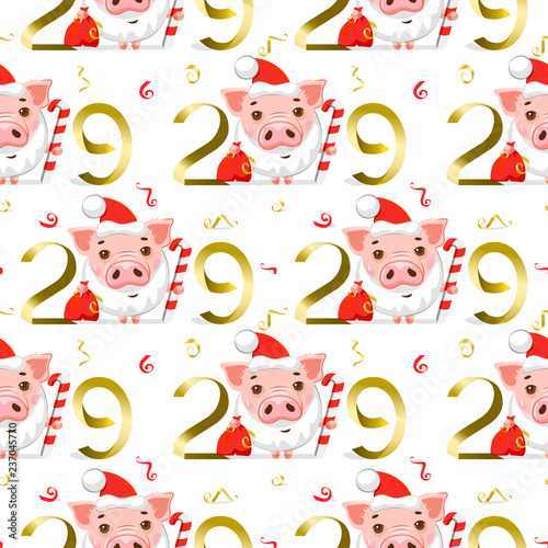 Vector seamless pattern Pig with Santa Claus hat and beard. symbol of success, numbers 2019. Nice wrapping paper or textile repeatable print.
