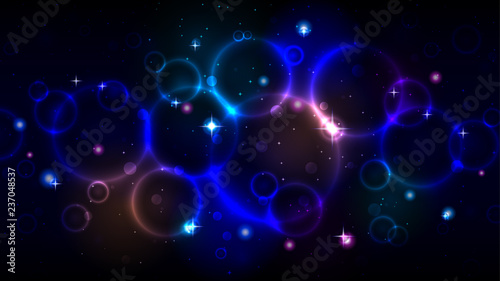 Light circles in the dark night starry sky, abstract multicolor background with circles, sparkles bokeh and stars