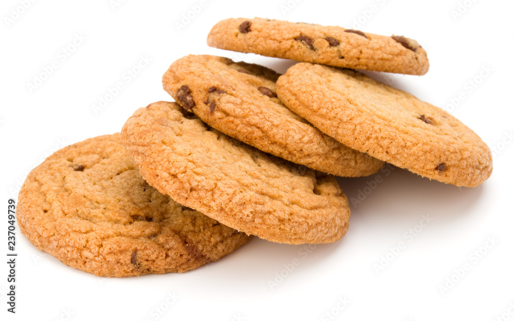 Chocolate chip cookies isolated on white background. Sweet biscuits. Homemade pastry. Chocolate chip cookies isolated on white background. Sweet biscuits. Homemade pastry.