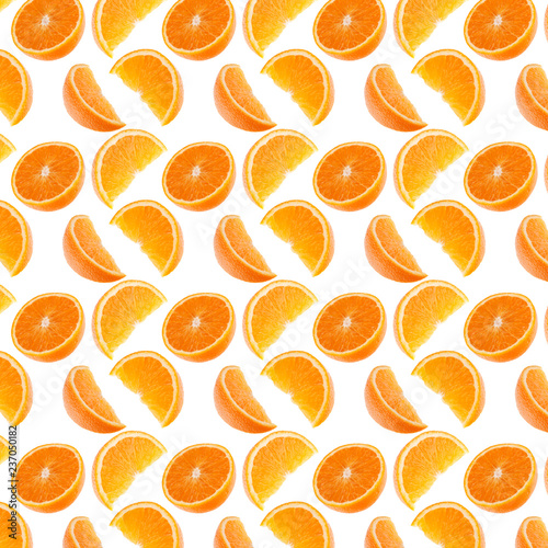 Orange segments isolated on white background. Food background.