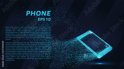 The phone is made of blue glowing dots. Smartphone of particles. Vector illustration.