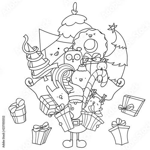 Christmas doodle coloring page. Santa with gifts and kawaii animals. Christmas tree and decorations. Easy to change colors, vector illustration.