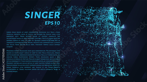 The singer of the blue glowing dots. The girl with the microphone from particles. Vector illustration.