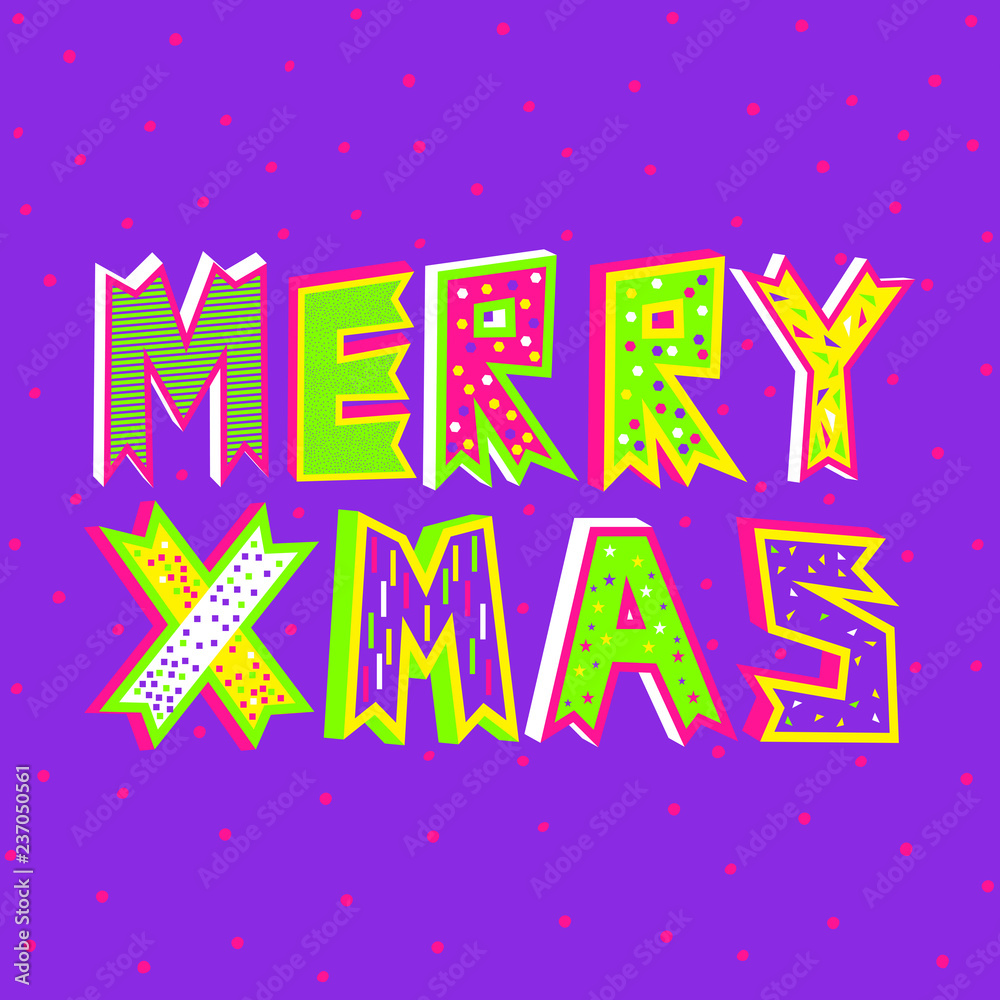 A vector illustration of Merry Christmas typography in proton purple on a decorative snowfall background