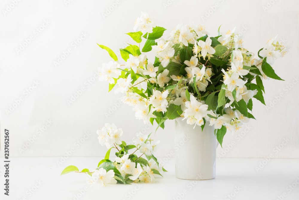 Beautiful bouquet of jasmine flowers in vase. Copy space.