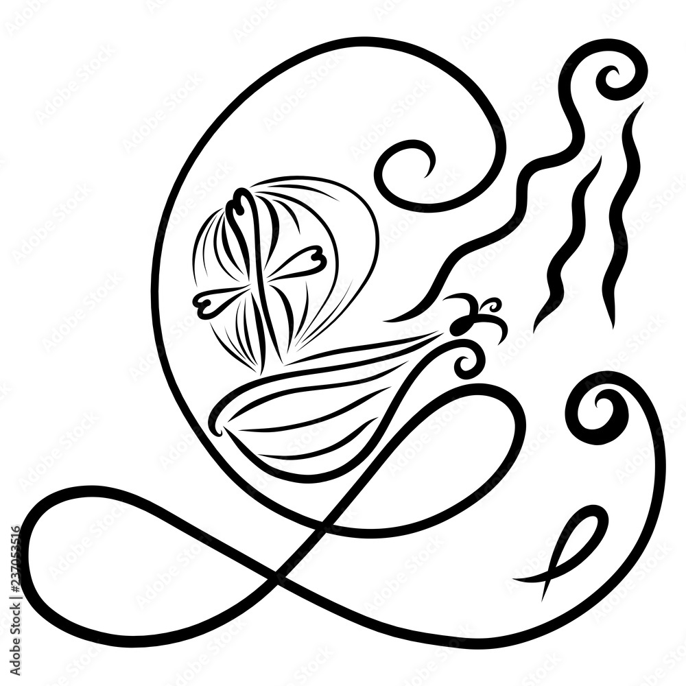 Christian ship sailing over big waves, faith and salvation, black outline Christian ship sailing over big waves, faith and salvation, black outline