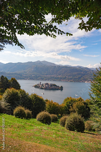 Panoramic view of the island of San Giulio on Lake Orta in Piedmont, Italy.