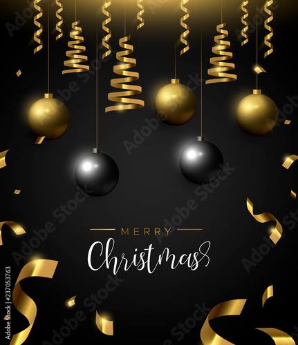 Christmas card of black and gold ornament baubles
