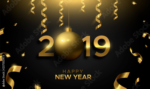 Happy New Year 2019 gold bauble number sign card