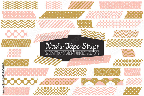 Gold, Blush Pink and White Washi Tape Strips Isolated on White. Semitransparent Masking Tape Pieces with Torn Edges. 36 Unique Vectors. Web or Print Layout Element or Photo Sticker.