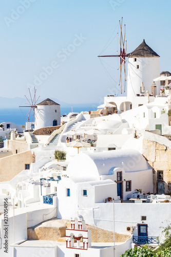 View at windmills in Oia, Santorini, Greece, just before sunset