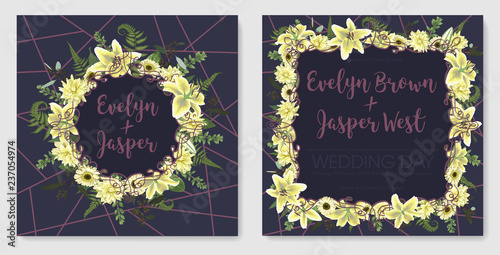 Set for wedding invitation, greeting card, save date, banner. With green forest leaf, fern, branches, buxus, eucalyptus. Flowers of white lily, gerbera, dahlia