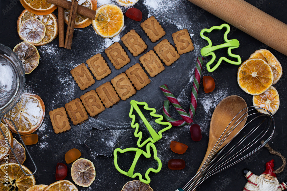Baking concept background with spices and utensils for Christmas cookies