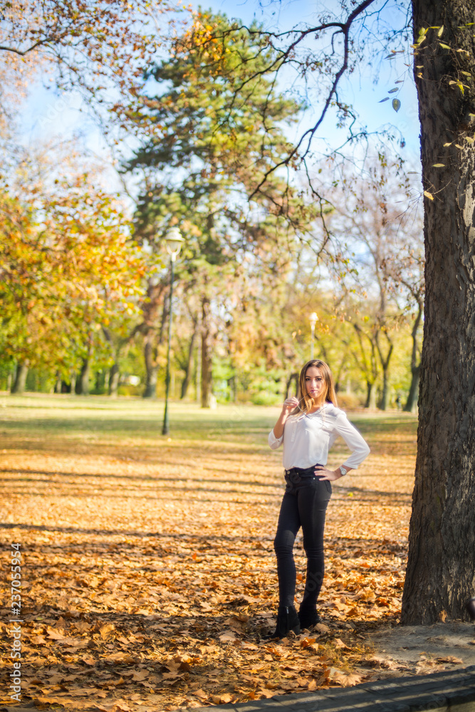 Photographing a girl during autumn with a blurred background Photographing a girl during autumn with a blurred background