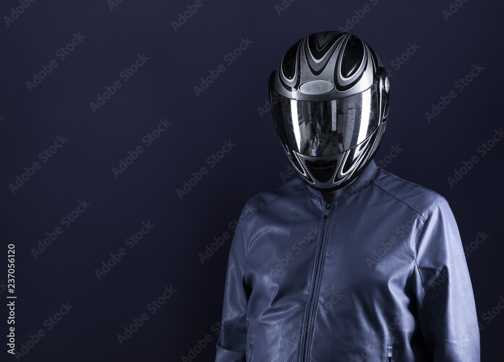 biker portrait on blue background