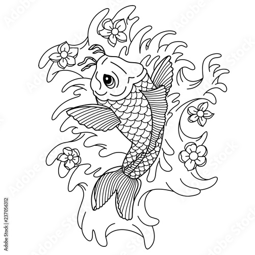 Koi carp. Traditional japonese tattoo. Flash tattoo. Illustration to adult coloring book.