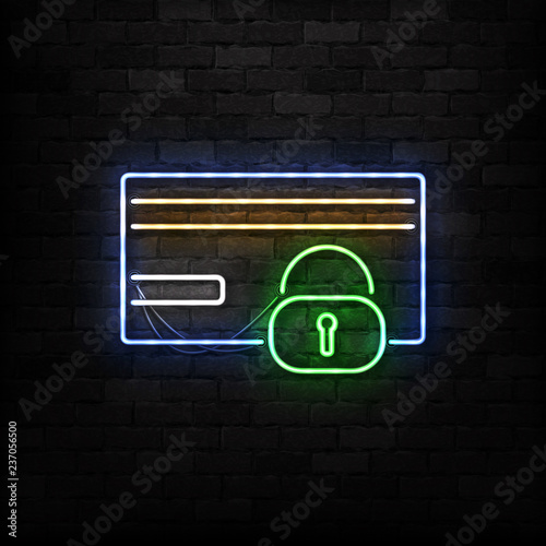 Vector realistic isolated neon sign of Credit Card protection and safety for template decoration and layout background. Concept of fraud and security.