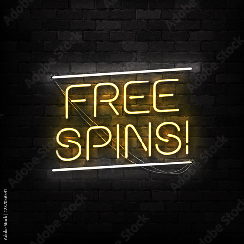 Vector realistic isolated neon sign of Free Spins logo for decoration and covering on the wall background. Concept of bonus and casino.