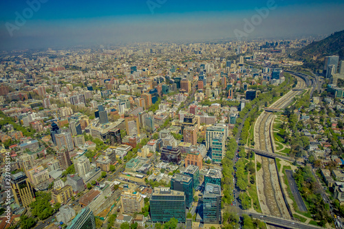 Outdoor gorgeous landscape view of Santiago of Chile with a canal of water, viewed from Cerro San Cristobal, Chile