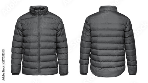 Blank template grey down jacket with zipped, front and back view isolated on white background. Mockup gray winter jacket for your design