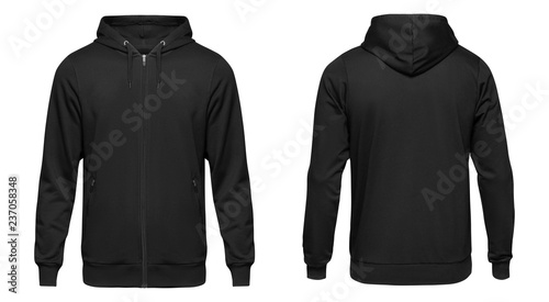 Blank black male hooded sweatshirt long sleeve, mens hoody with zipped for your design mockup for print, isolated on white background. Template sport winter clothes photo