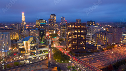 Aerial View Downtown City Skyline Hartford Connecticut After Dark photo