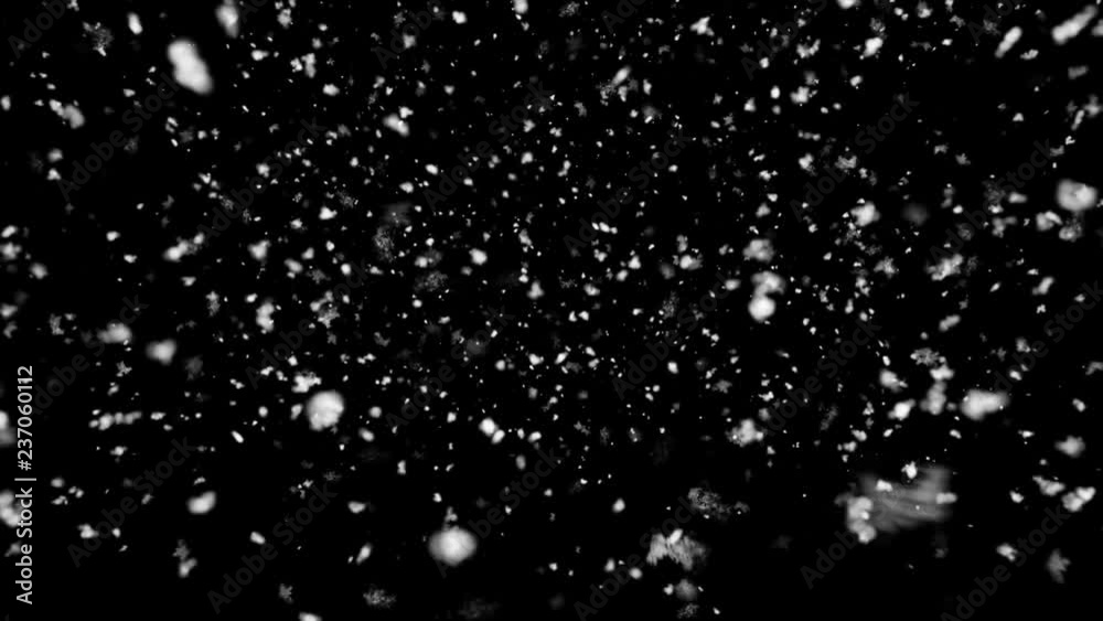 Camera Front Winter Snow Snowfall. Falling Realistic Snowflakes On A Black Background. Snow Snowfall Snowflake Particles Seamlessly Loop Black Alpha Green Screen Animation