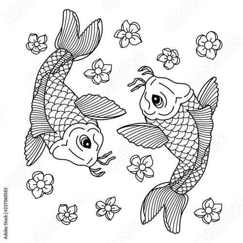 Koi carp. Traditional japonese tattoo. Flash tattoo. Illustration to adult coloring book.