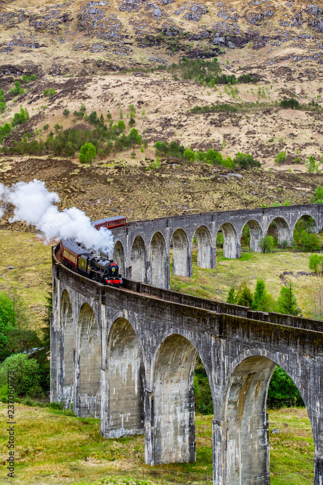 Obraz premium Glenfinnan Viaduct, Scotland. Travel/tourist destination in Europe. Old historical steam train riding on film scene famous viaduct bridge. Highlands, mountains, outdoor background.