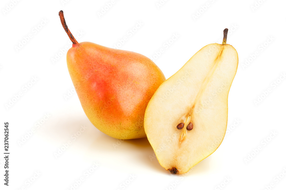 two ripe red yellow pear fruits isolated on white background