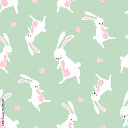 pattern white hares with pink hearts on a blue-green background
