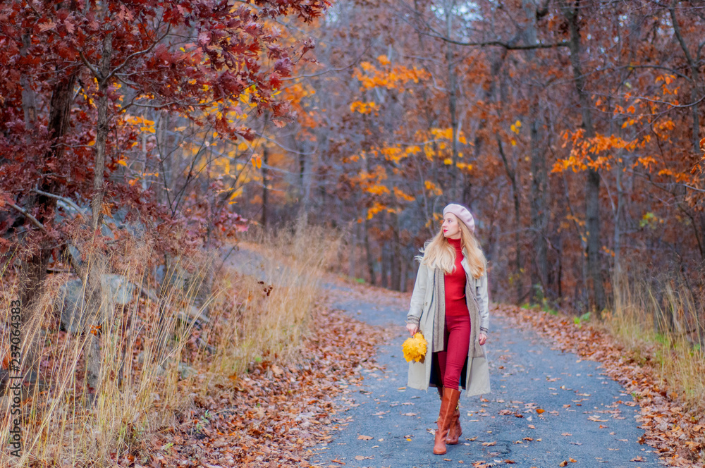 Fototapeta premium Beautiful woman is walking in the autumn forest.