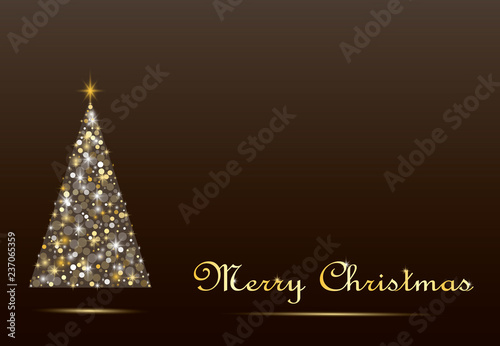 Festive background with sparkling Christmas tree and golden inscription on a dark background. Vector.