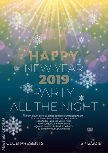 Happy 2019 New Year night banner flyer with glowing stars,light flashes,highlight circles on Xmas snowflakes background.Night club party flyer poster concept,web online concept on deep blue backdrop
