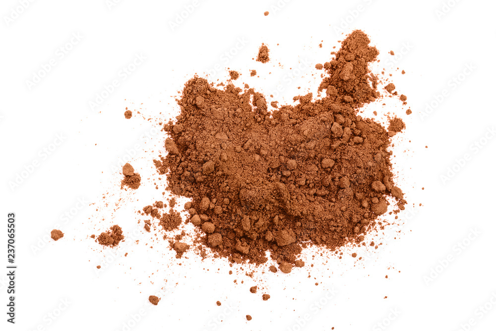 pile of cocoa powder isolated on white background. Top view. Flat lay pile of cocoa powder isolated on white background. Top view. Flat lay