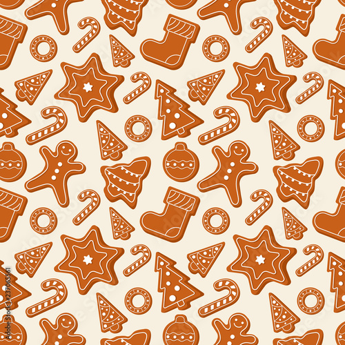 Gingerbread cookie pattern. Christmas objects: Christmas tree, gingerbread man, star, Christmas stocking. New Year decorations, items, symbols, icons.